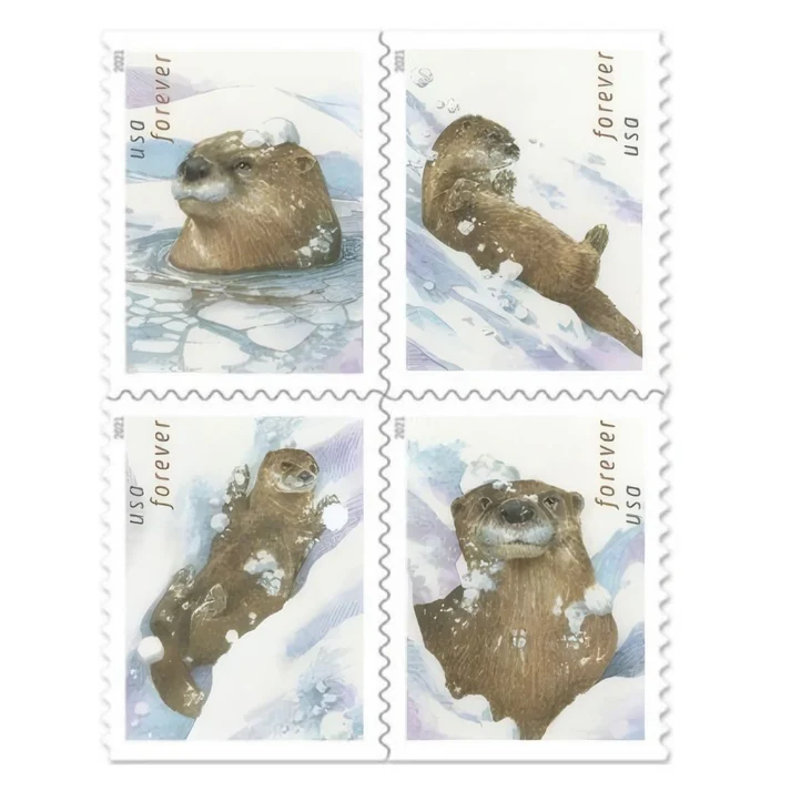 Otters in Snow 2021 1 - USPS Forever Stamps Otters in Snow 2021